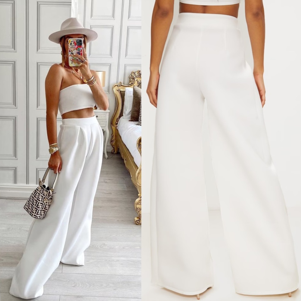 PLT White Thick Scuba Pleated Wide Leg Trousers